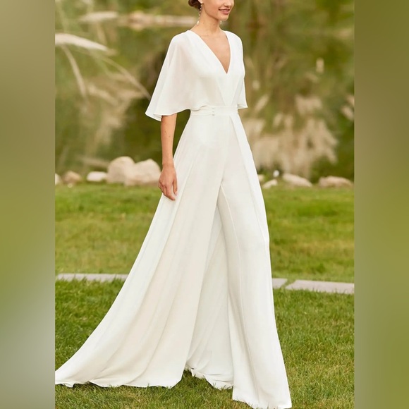 Missacc Pants - Chic White V-Neck Jumpsuit